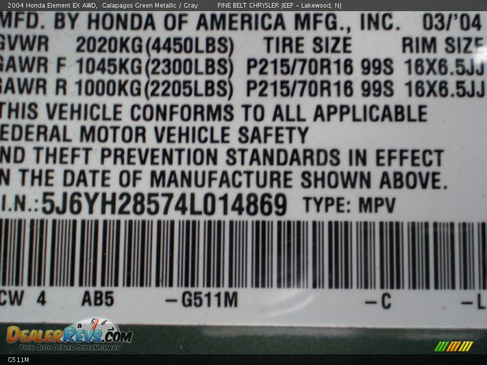 Honda Color Code G511M Galapagos Green Metallic