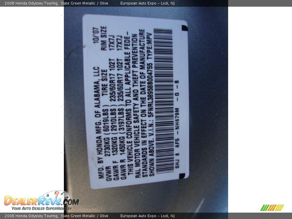2008 Honda Odyssey Touring Slate Green Metallic / Olive Photo #17