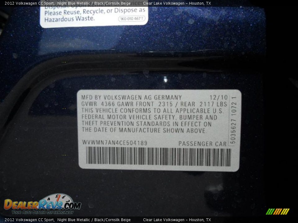 2012 Volkswagen CC Sport Night Blue Metallic / Black/Cornsilk Beige Photo #22