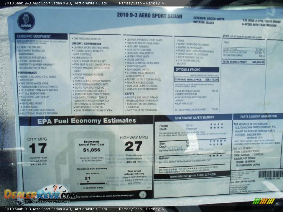2010 Saab 9-3 Aero Sport Sedan XWD Window Sticker Photo #5