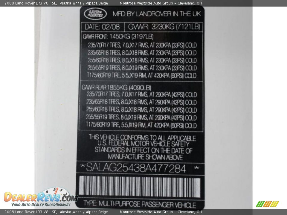 Info Tag of 2008 Land Rover LR3 V8 HSE Photo #28