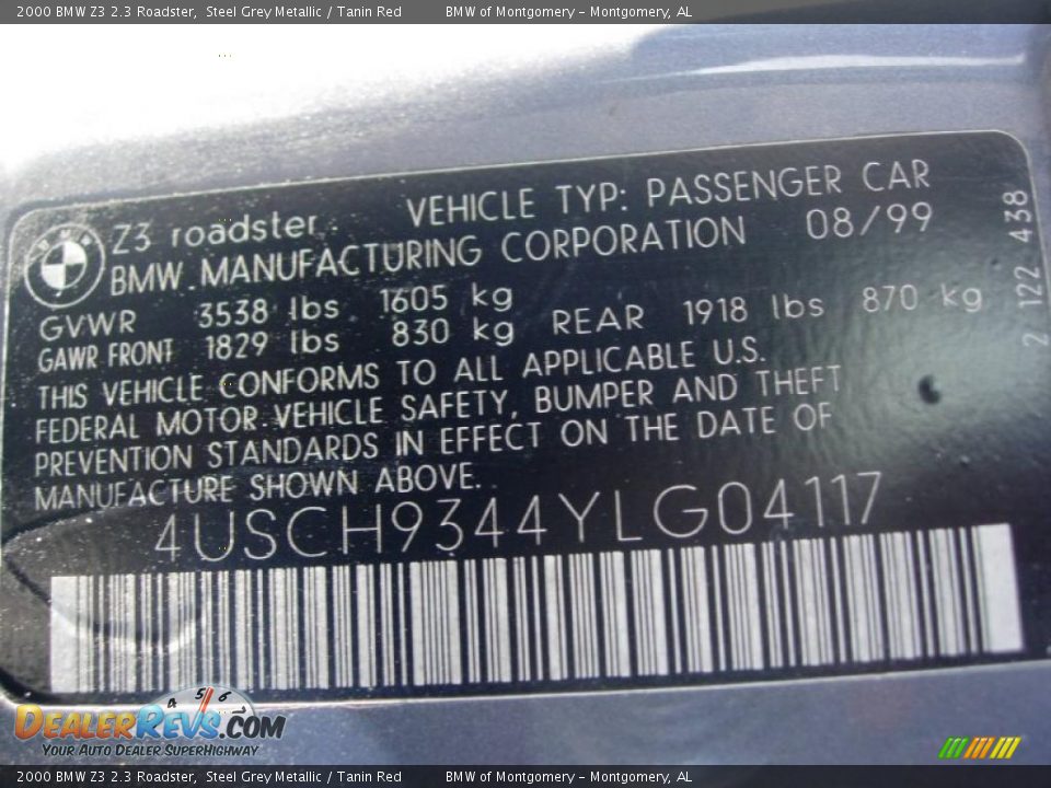 Info Tag of 2000 BMW Z3 2.3 Roadster Photo #22