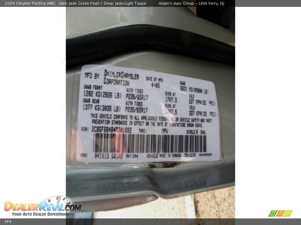 Chrysler Color Code PP4 Satin Jade Green Pearl