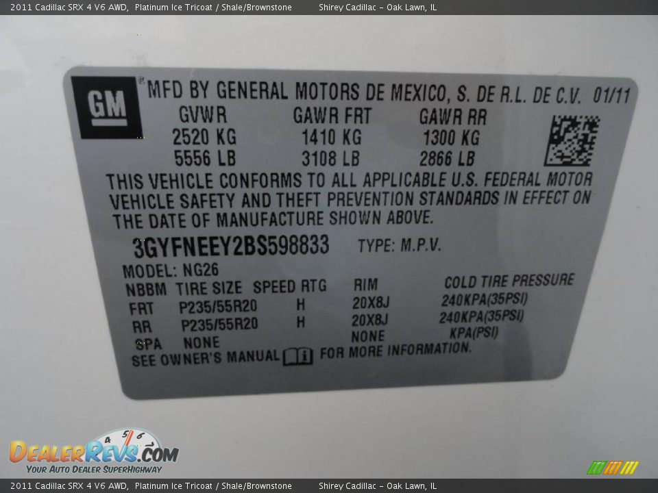 Info Tag of 2011 Cadillac SRX 4 V6 AWD Photo #16