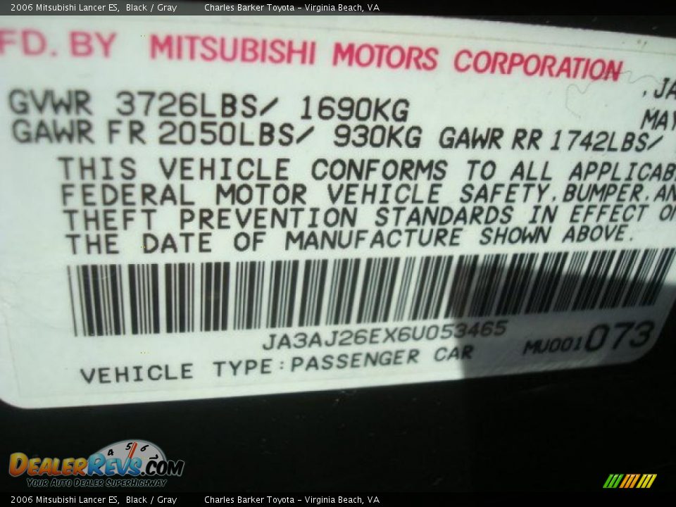 2006 Mitsubishi Lancer ES Black / Gray Photo #21