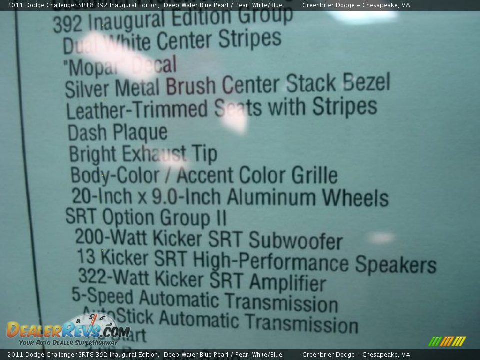 2011 Dodge Challenger SRT8 392 Inaugural Edition Window Sticker Photo #34