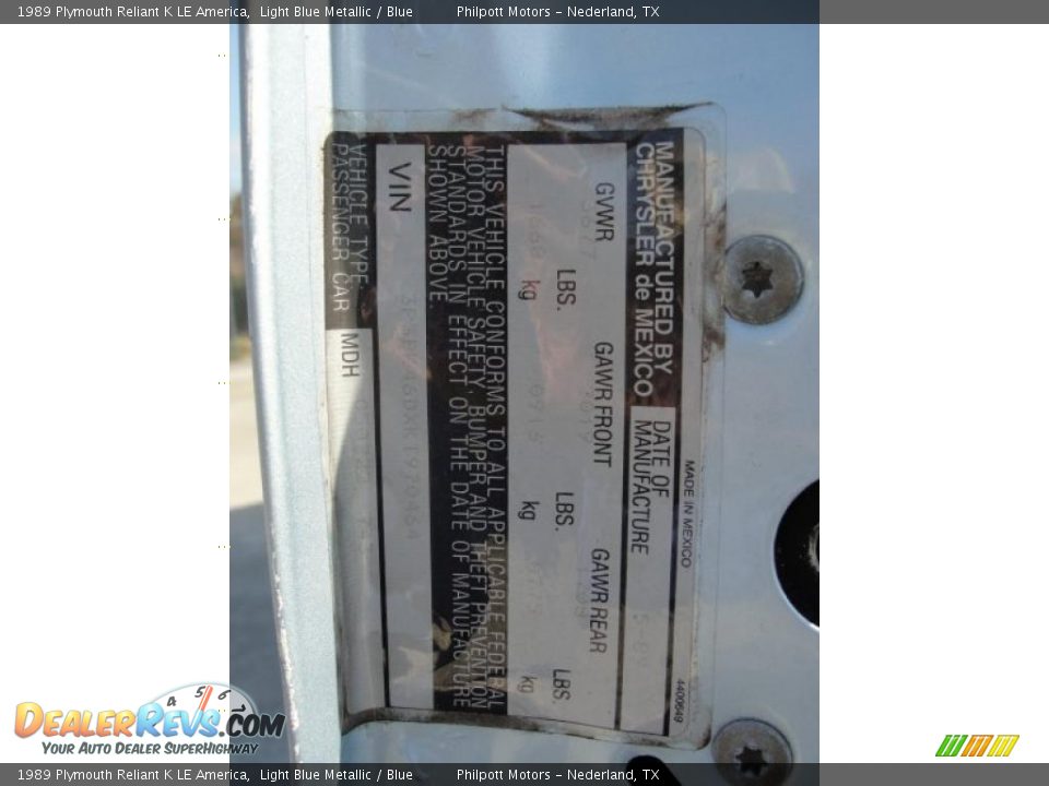 Info Tag of 1989 Plymouth Reliant K LE America Photo #35