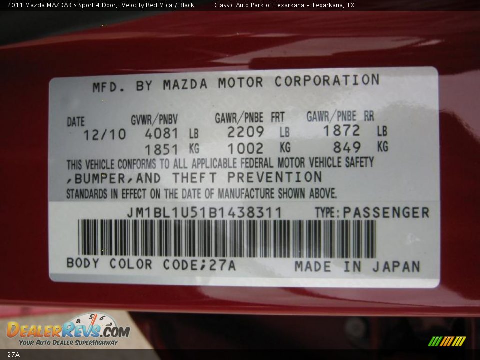 Mazda Color Code 27A Velocity Red Mica