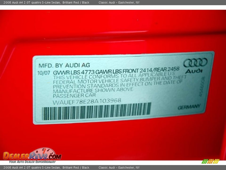 Info Tag of 2008 Audi A4 2.0T quattro S-Line Sedan Photo #36