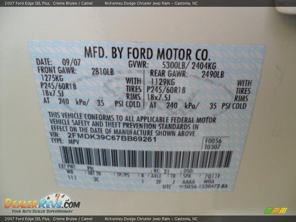 2007 Ford Edge SEL Plus Creme Brulee / Camel Photo #7