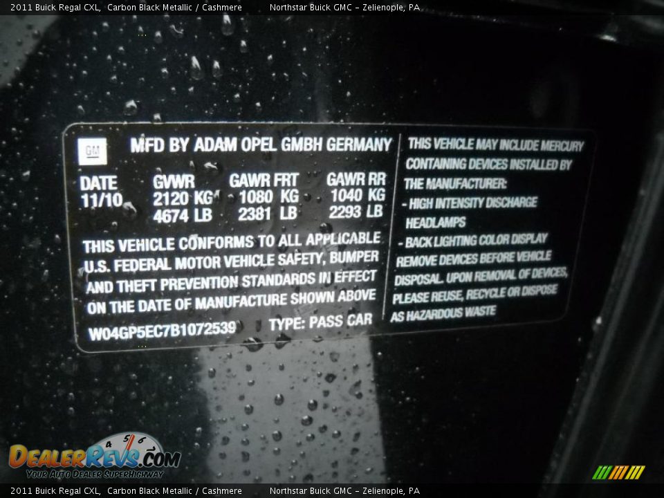 Info Tag of 2011 Buick Regal CXL Photo #13