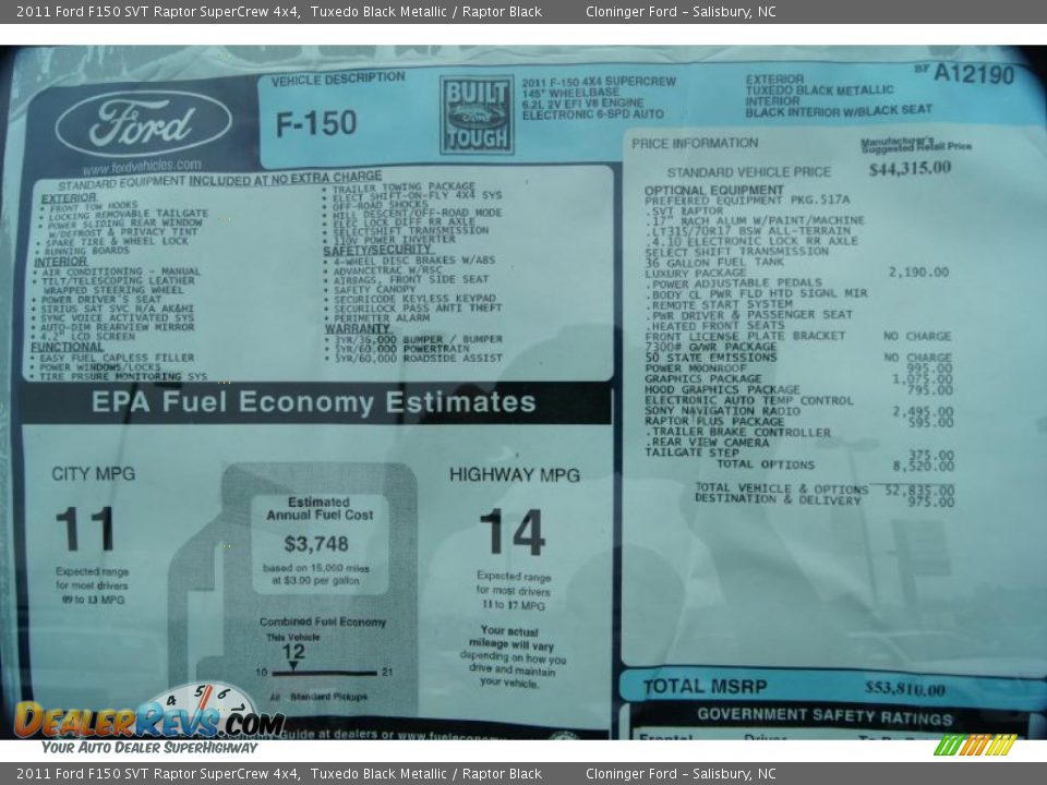 2011 Ford F150 SVT Raptor SuperCrew 4x4 Window Sticker Photo #8