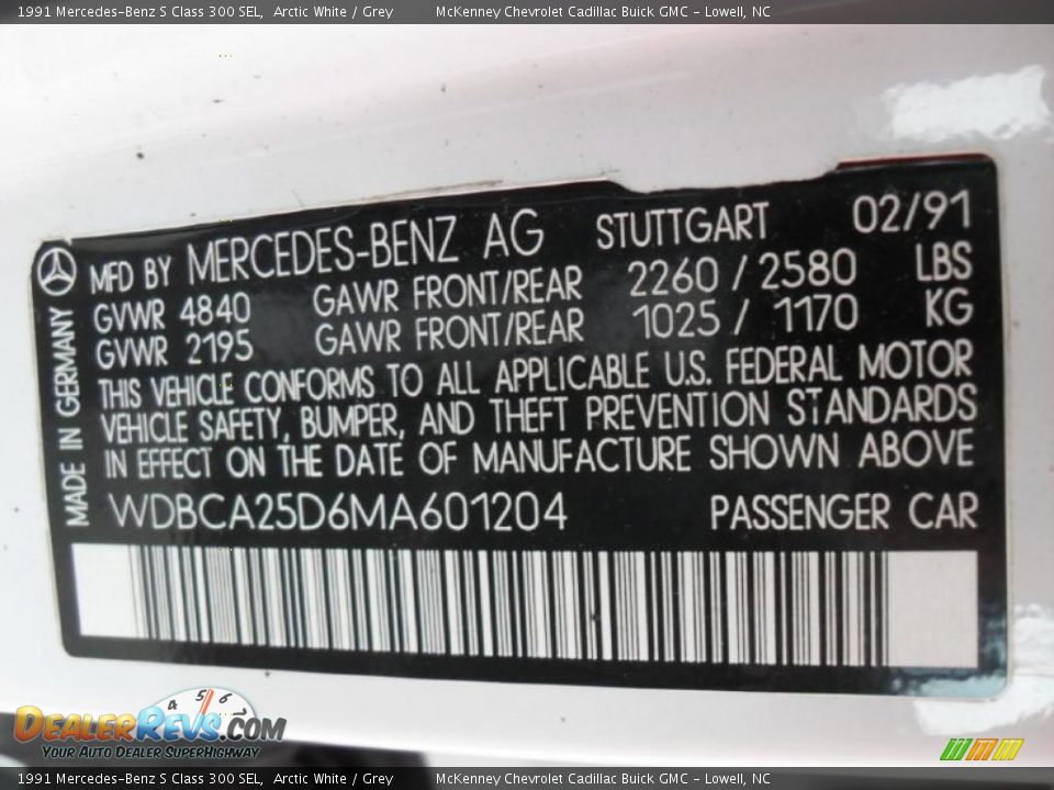 Info Tag of 1991 Mercedes-Benz S Class 300 SEL Photo #6