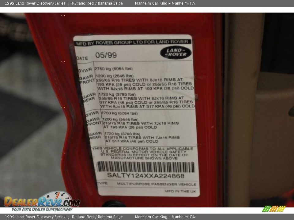 Info Tag of 1999 Land Rover Discovery Series II Photo #9