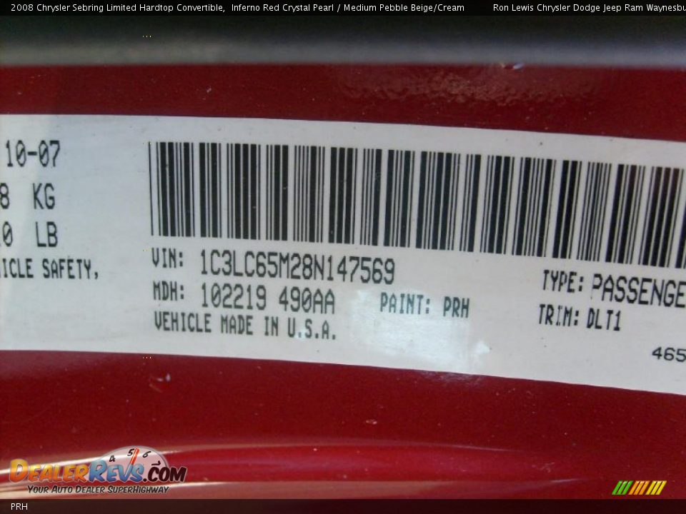 Chrysler Color Code PRH Inferno Red Crystal Pearl