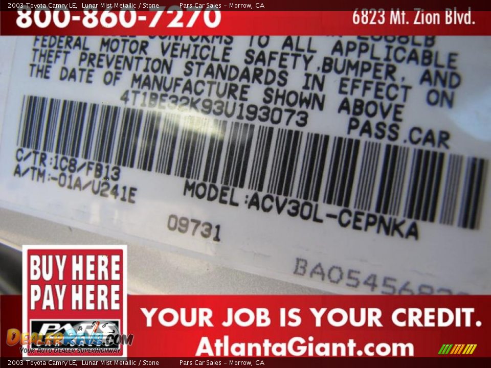 2003 Toyota Camry LE Lunar Mist Metallic / Stone Photo #12