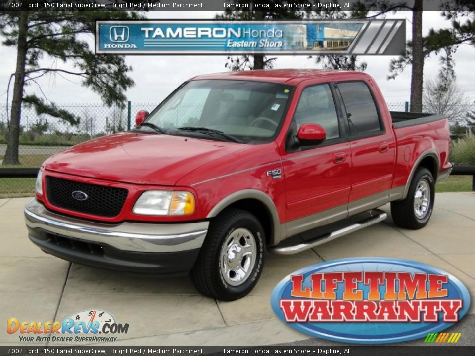 2002 Ford F150 Lariat SuperCrew Bright Red / Medium Parchment Photo #1