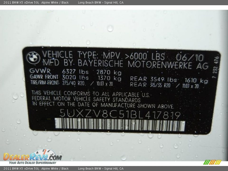 Info Tag of 2011 BMW X5 xDrive 50i Photo #15