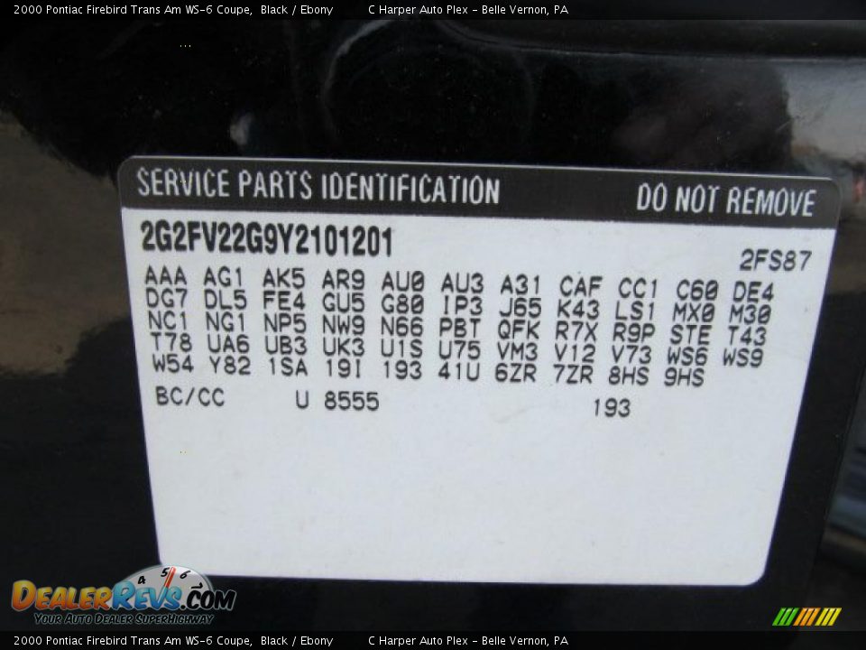 Info Tag of 2000 Pontiac Firebird Trans Am WS-6 Coupe Photo #23