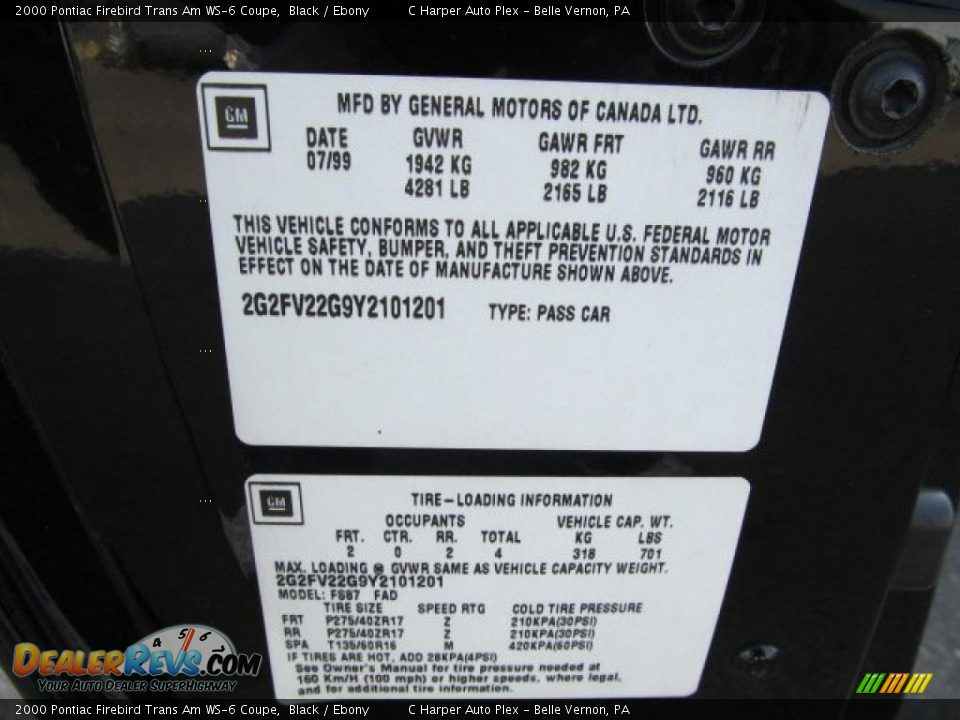 Info Tag of 2000 Pontiac Firebird Trans Am WS-6 Coupe Photo #24