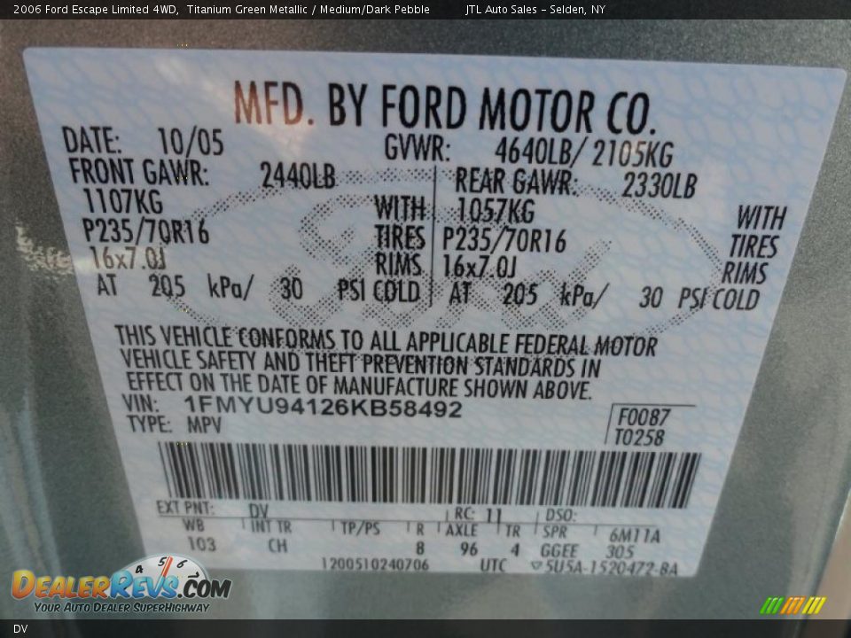 Ford Color Code DV Titanium Green Metallic