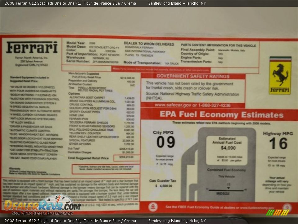 2008 Ferrari 612 Scaglietti One to One F1 Window Sticker Photo #16