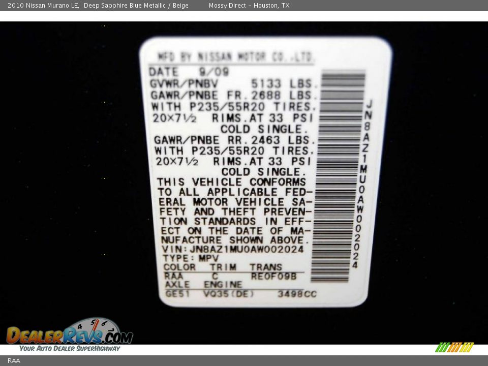 Nissan Color Code RAA Deep Sapphire Blue Metallic