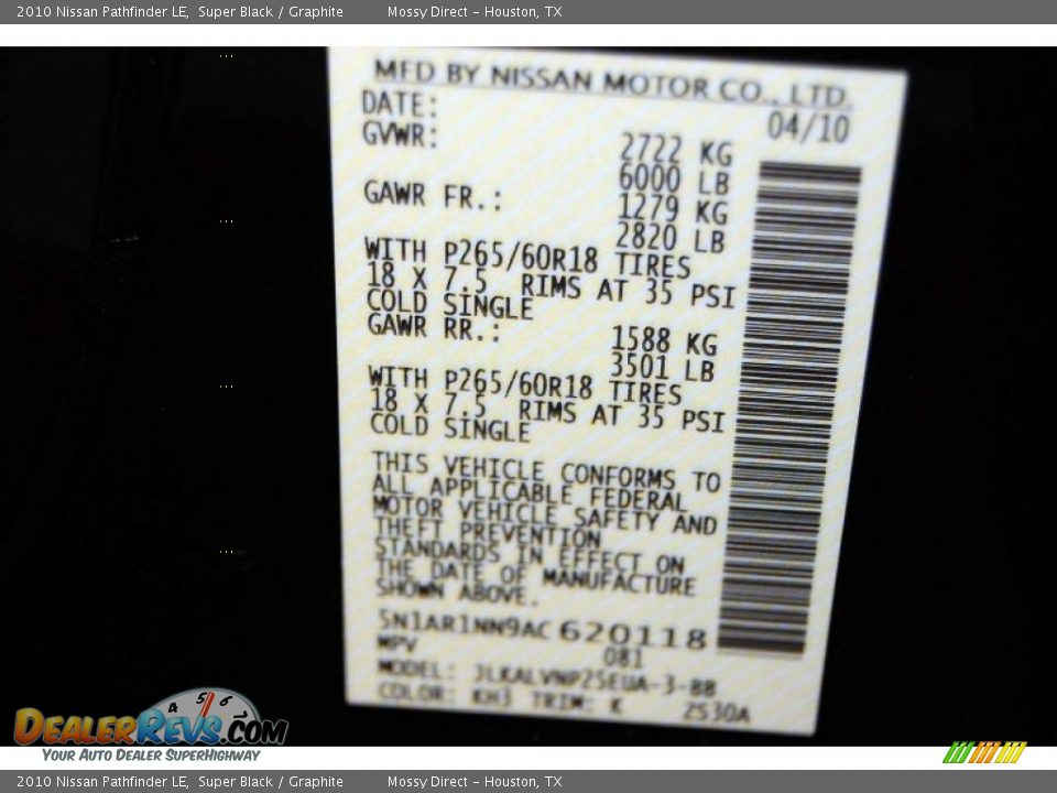 2010 Nissan Pathfinder LE Super Black / Graphite Photo #13