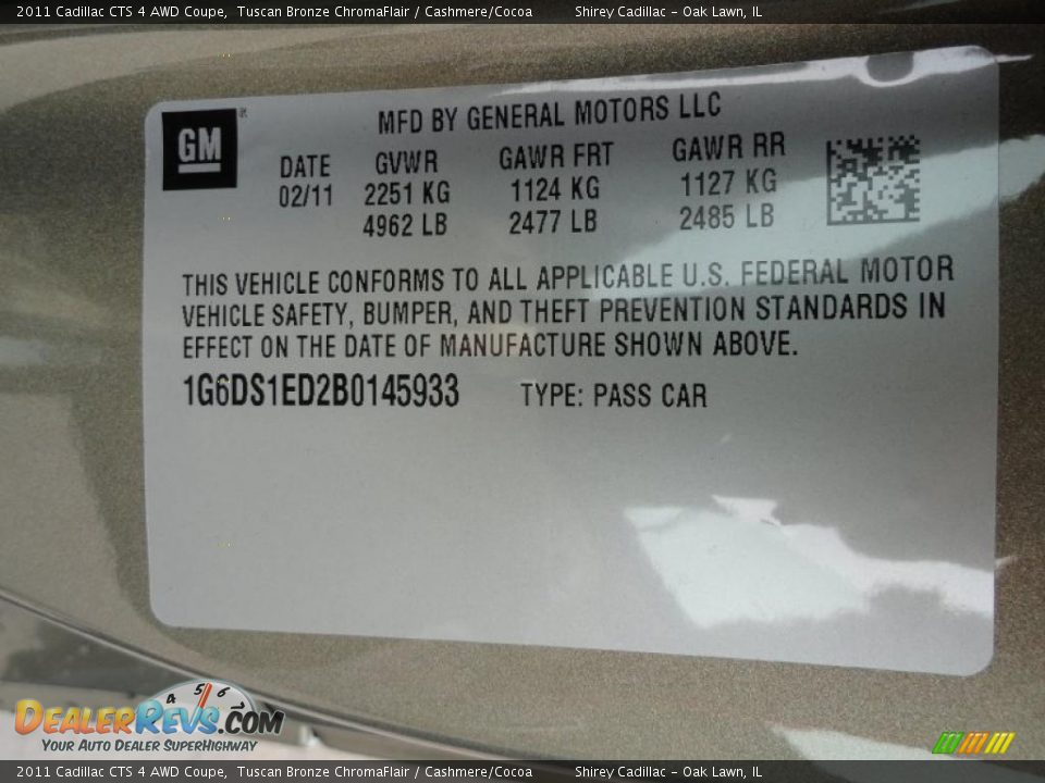 Info Tag of 2011 Cadillac CTS 4 AWD Coupe Photo #10
