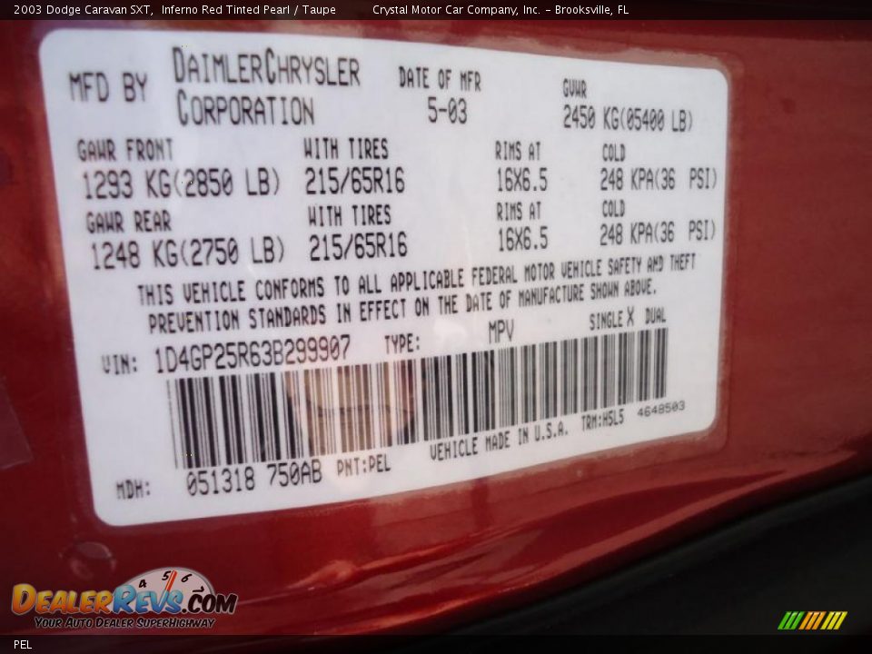 Dodge Color Code PEL Inferno Red Tinted Pearl