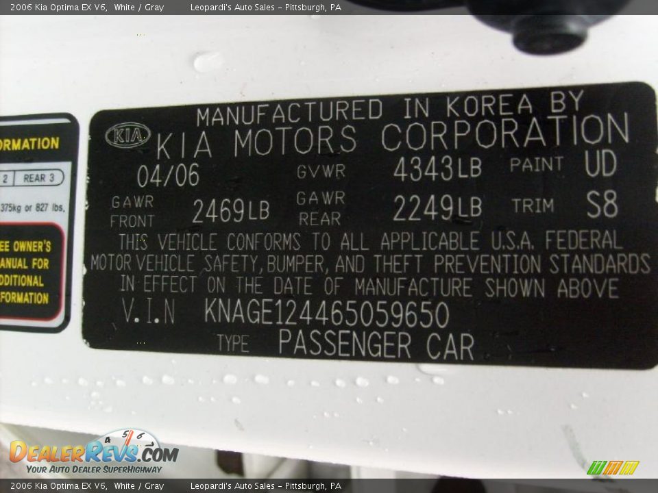 2006 Kia Optima EX V6 White / Gray Photo #23