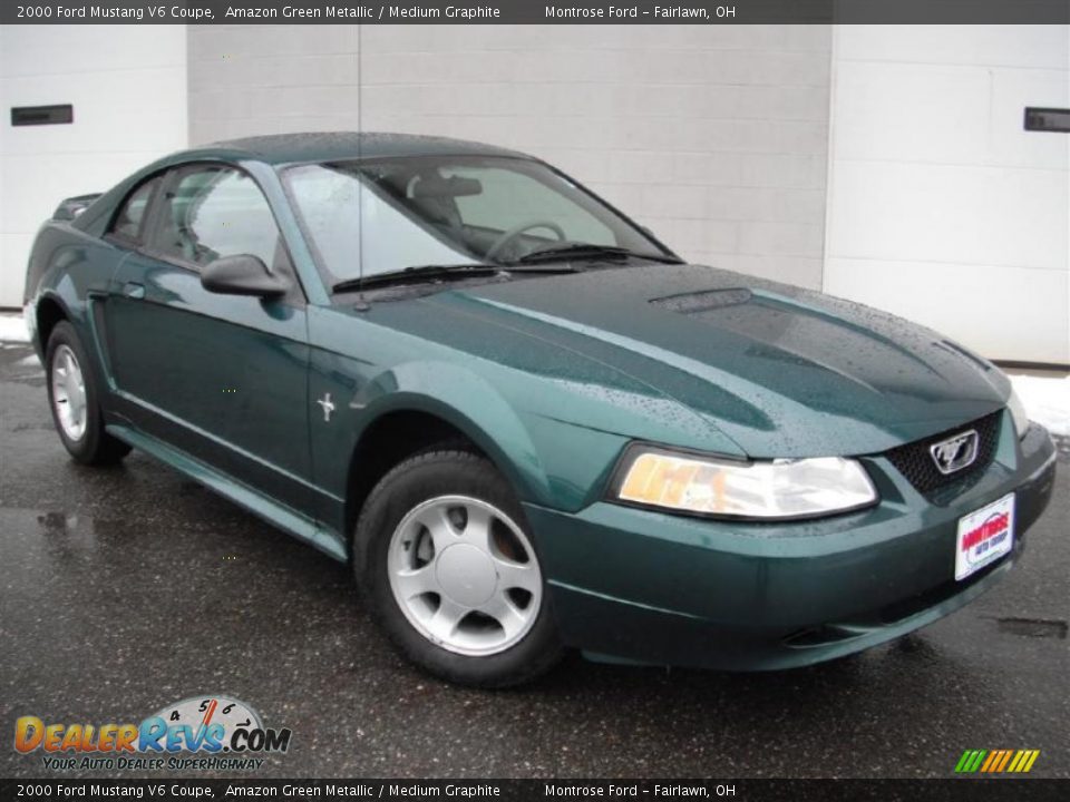 2000 Ford Mustang V6 Coupe Amazon Green Metallic / Medium Graphite Photo #2