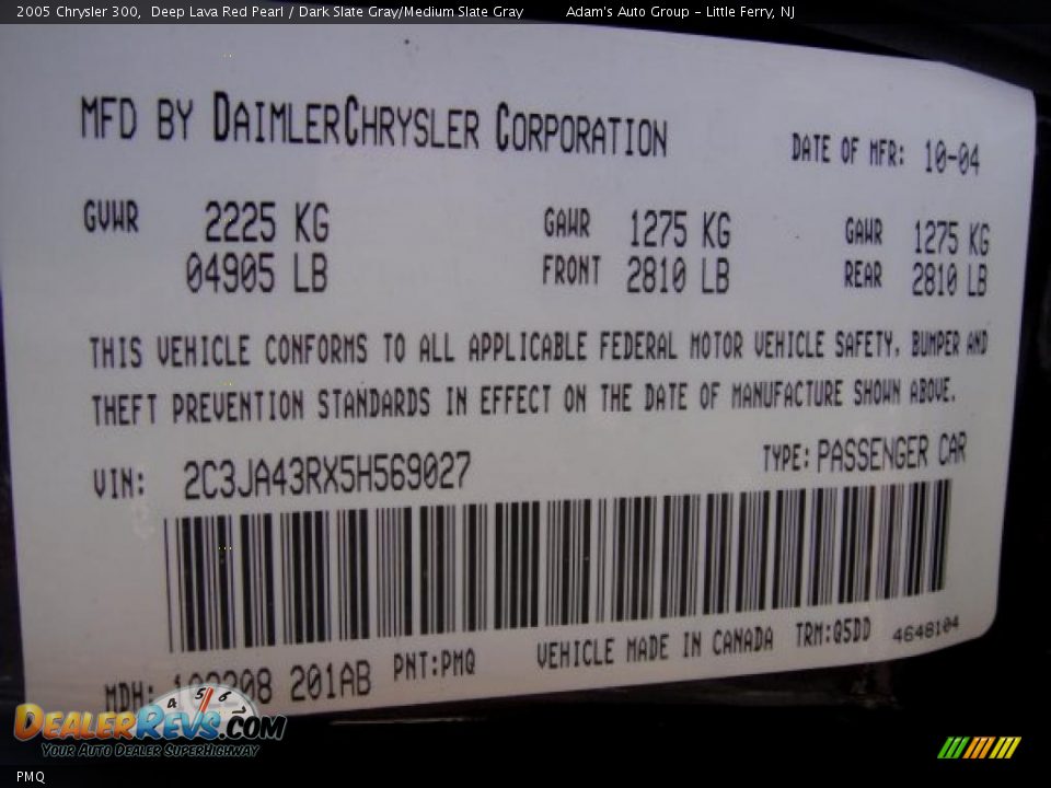 Chrysler Color Code PMQ Deep Lava Red Pearl