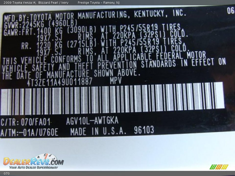 Toyota Color Code 070 Blizzard Pearl