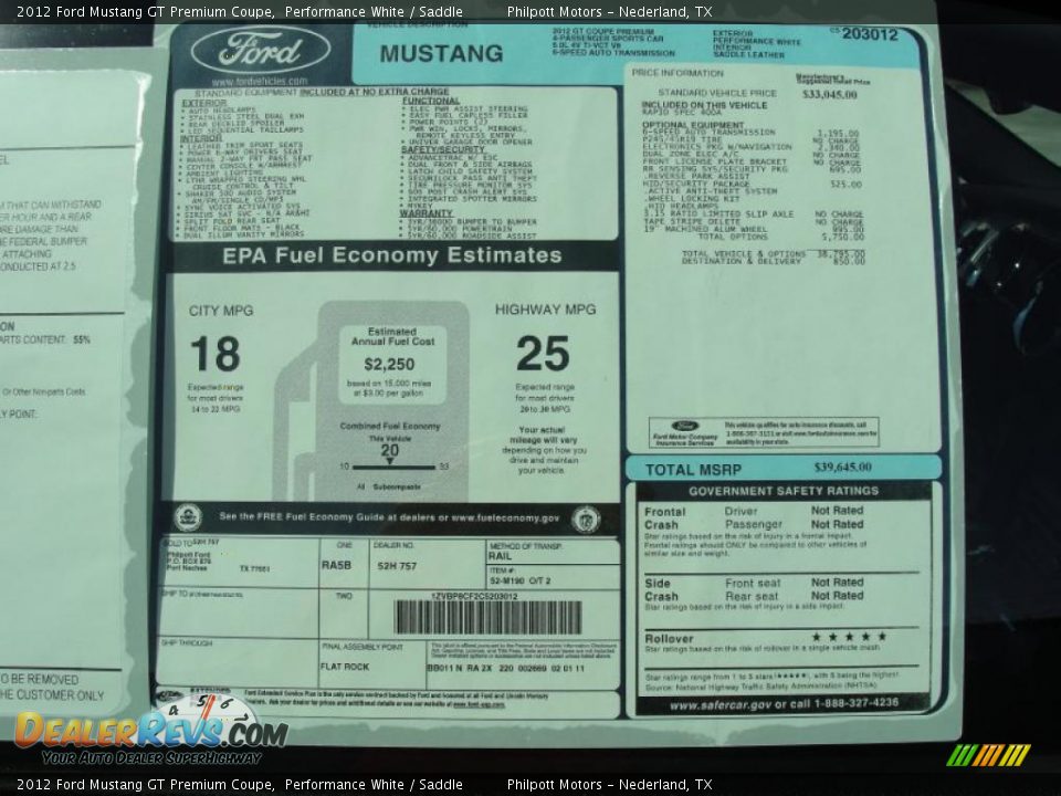 2012 Ford Mustang GT Premium Coupe Window Sticker Photo #36