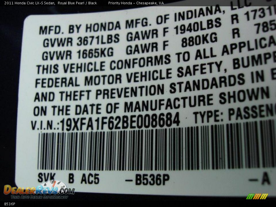 Honda Color Code B536P Royal Blue Pearl