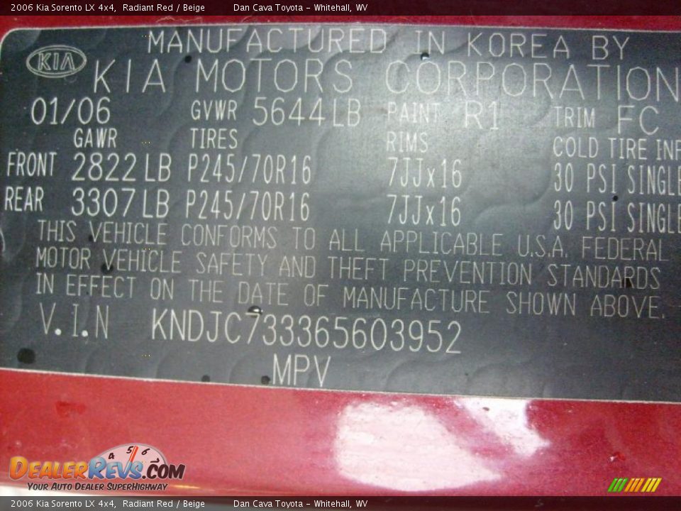 2006 Kia Sorento LX 4x4 Radiant Red / Beige Photo #13