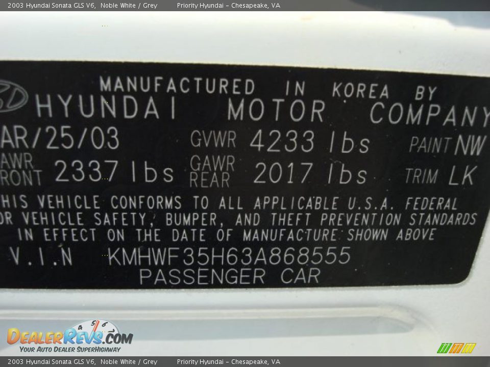 2003 Hyundai Sonata GLS V6 Noble White / Grey Photo #17