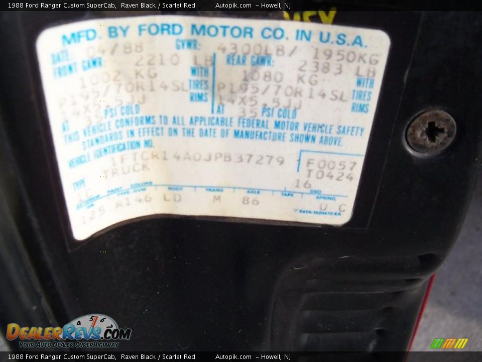 Info Tag of 1988 Ford Ranger Custom SuperCab Photo #20