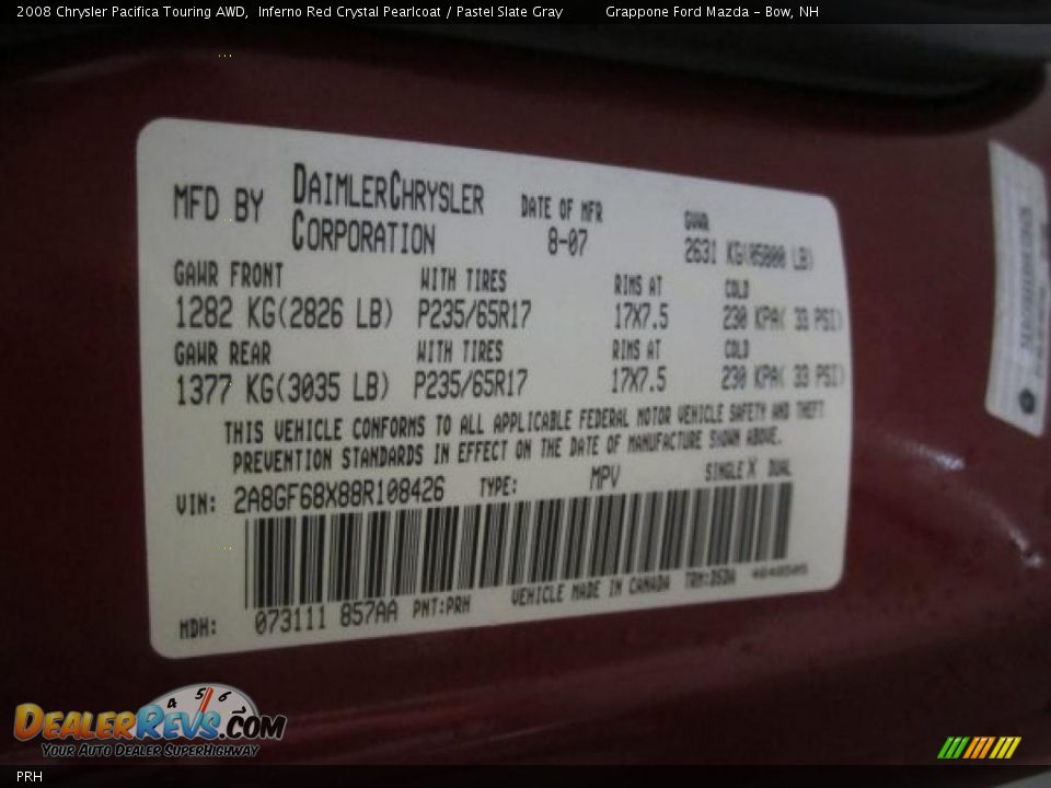 Chrysler Color Code PRH Inferno Red Crystal Pearlcoat