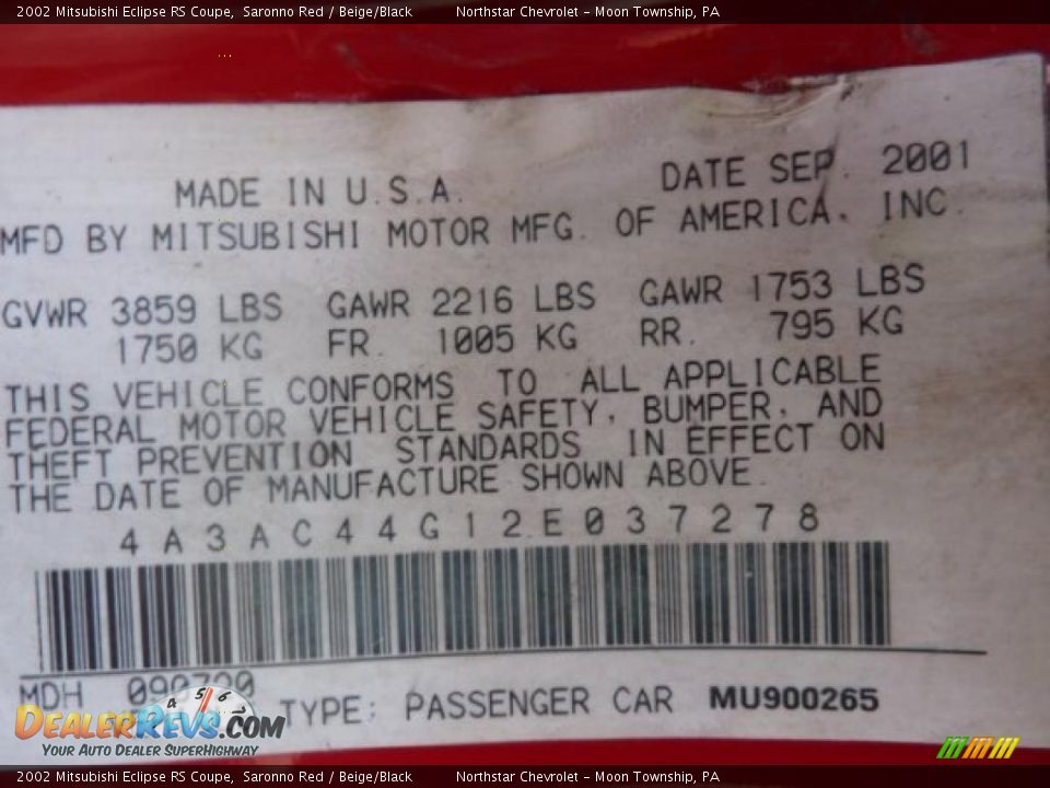 2002 Mitsubishi Eclipse RS Coupe Saronno Red / Beige/Black Photo #12