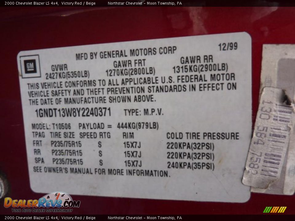 2000 Chevrolet Blazer LS 4x4 Victory Red / Beige Photo #13