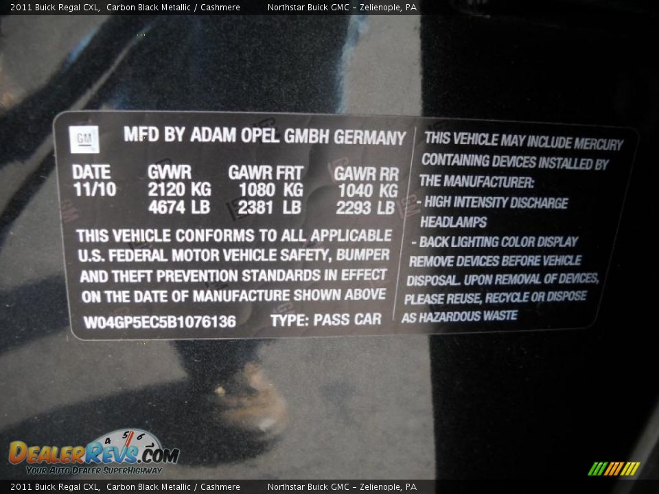 2011 Buick Regal CXL Carbon Black Metallic / Cashmere Photo #13