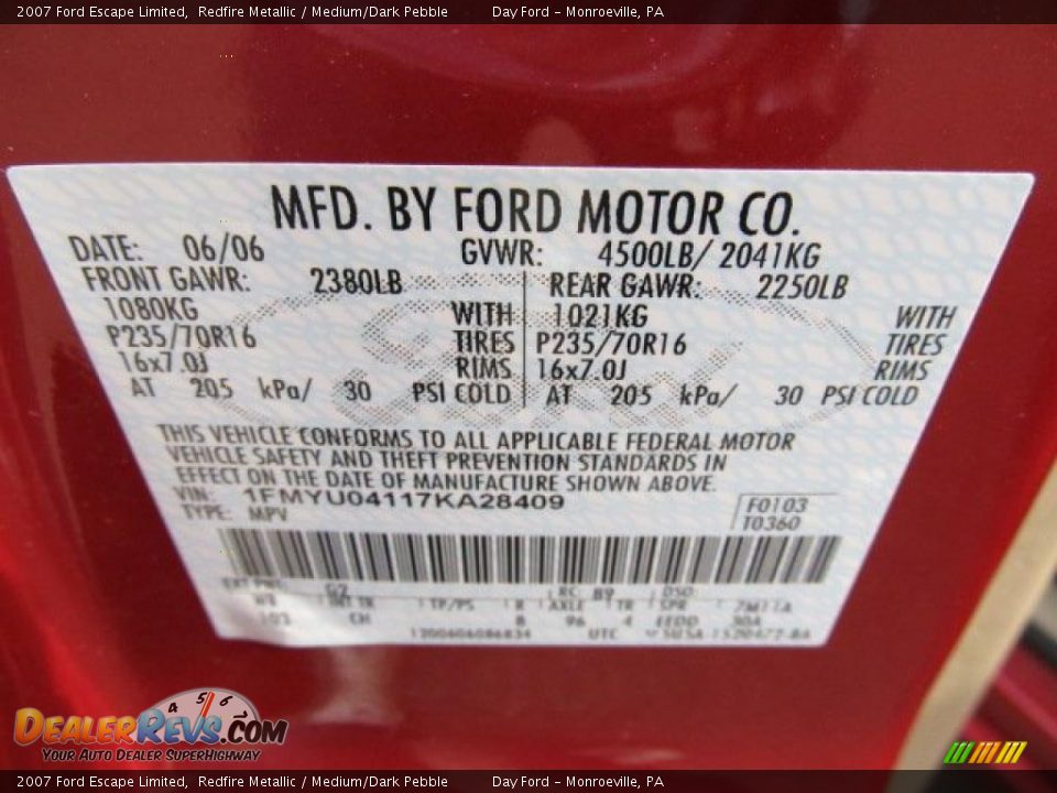 Info Tag of 2007 Ford Escape Limited Photo #13