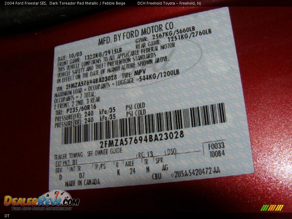 Ford Color Code DT Dark Toreador Red Metallic