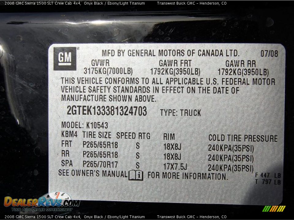 Info Tag of 2008 GMC Sierra 1500 SLT Crew Cab 4x4 Photo #23
