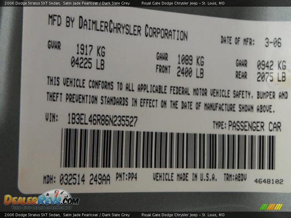 2006 Dodge Stratus SXT Sedan Satin Jade Pearlcoat / Dark Slate Grey Photo #17
