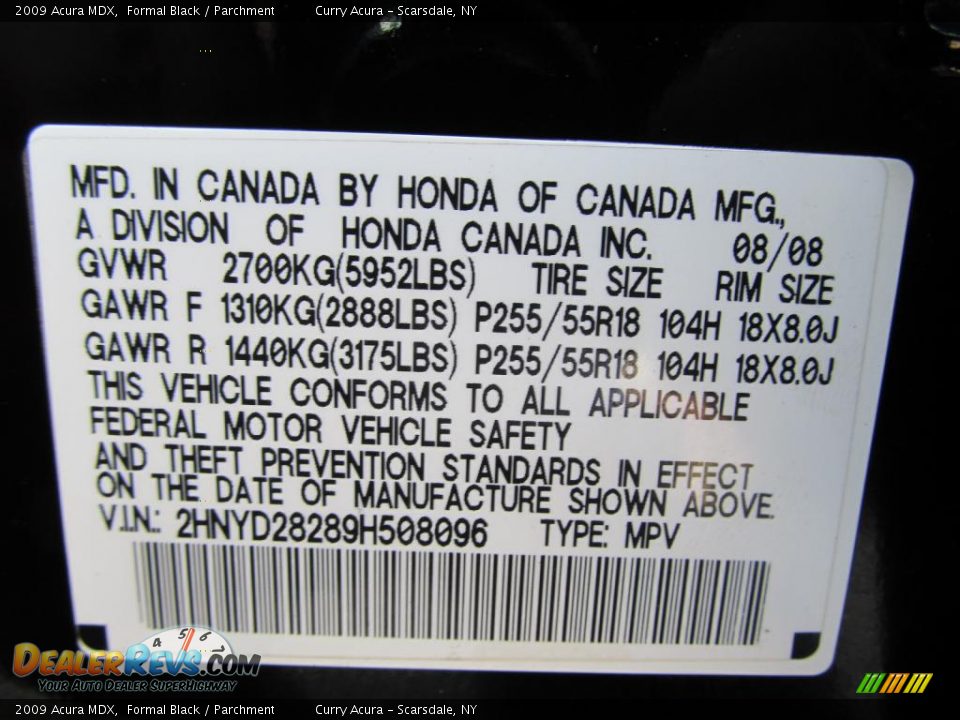 Info Tag of 2009 Acura MDX  Photo #27