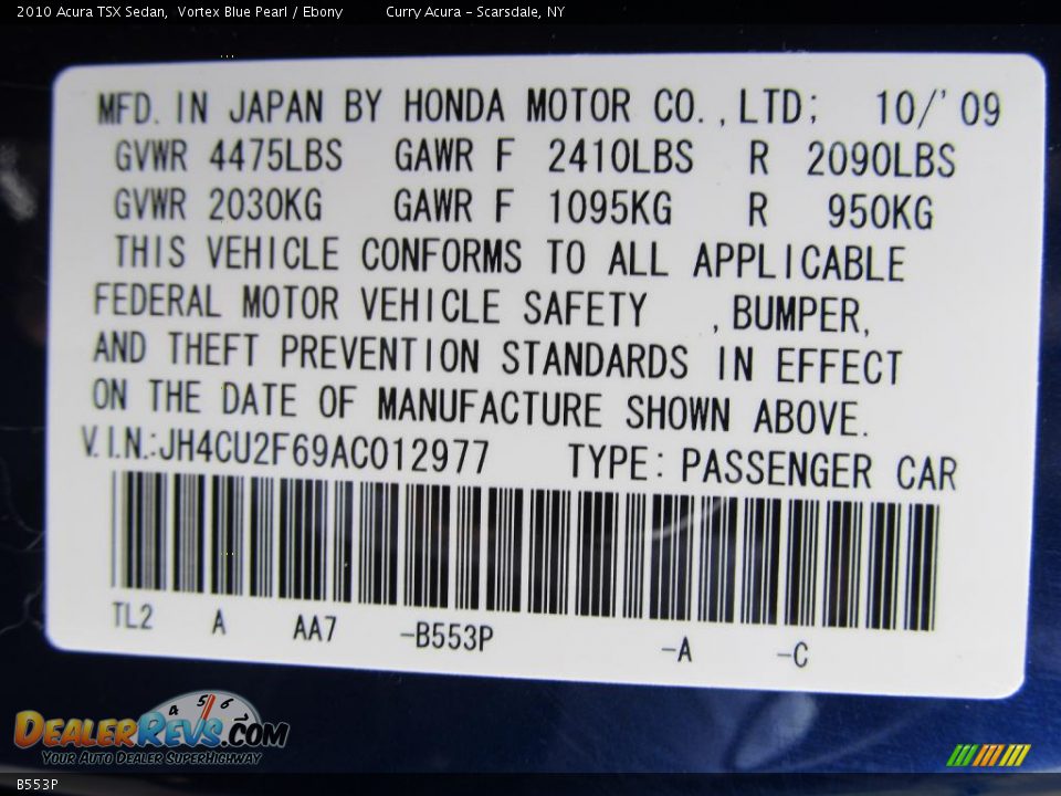 Acura Color Code B553P Vortex Blue Pearl