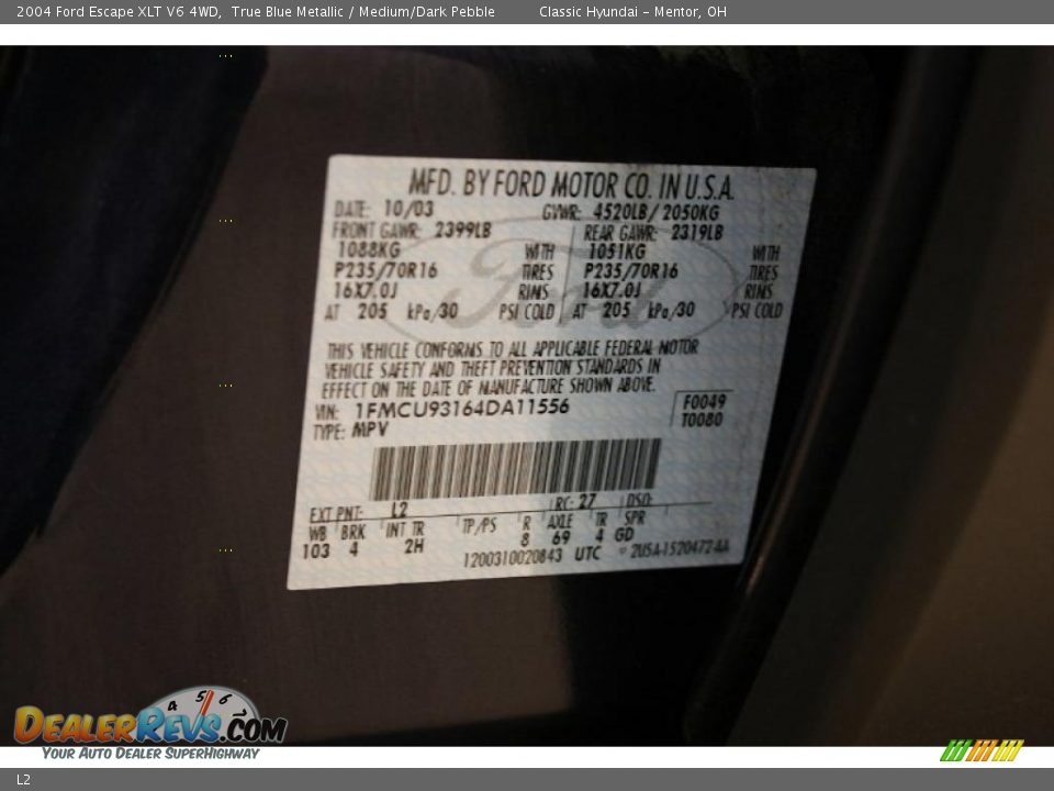 Ford Color Code L2 True Blue Metallic